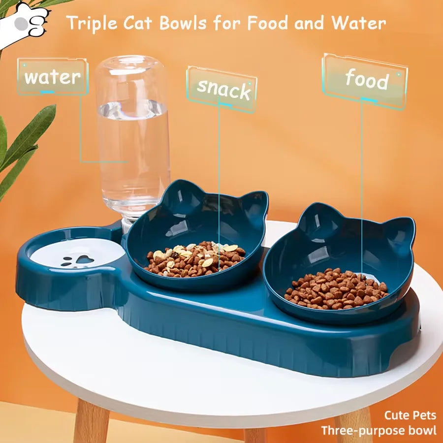 Triple Cat and Dog Bowls with Automatic Water Dispenser