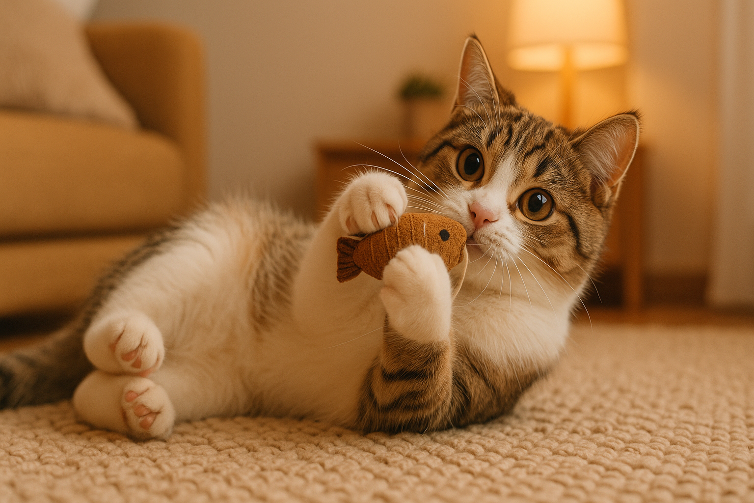 A cute cat playing on its back with a toy in a cozy home setting